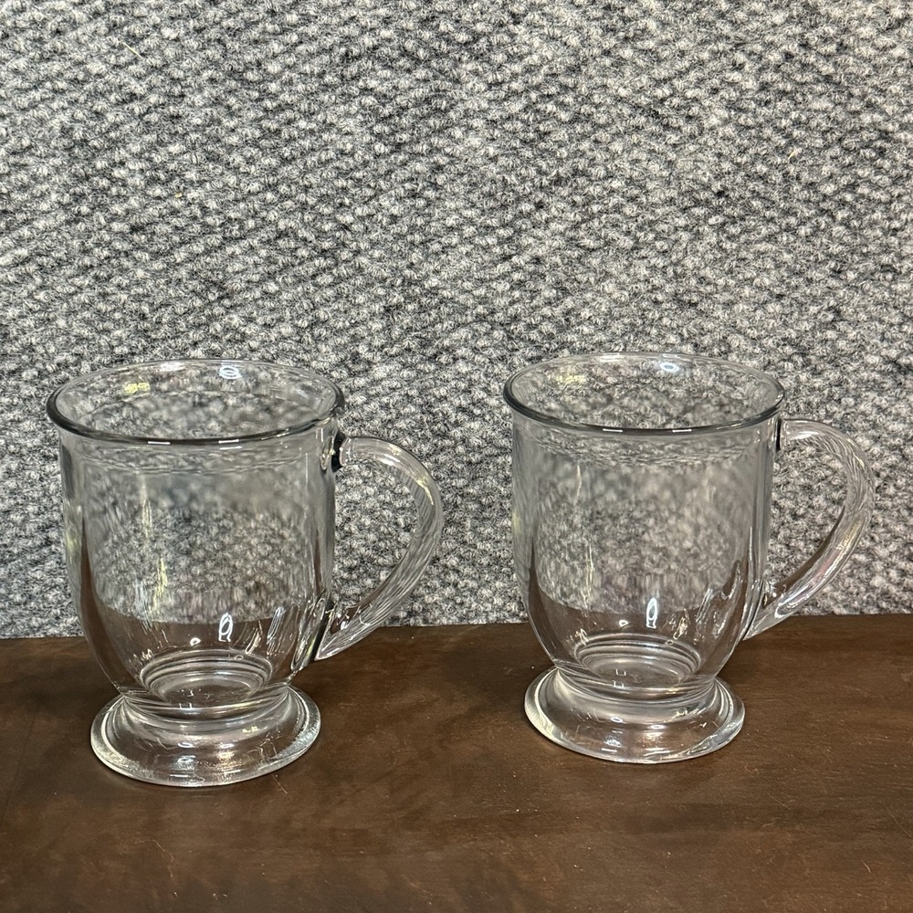 2 Anchor Hocking Pedestal Clear Glass Mugs 16oz Coffee Tea Classic Handle Footed